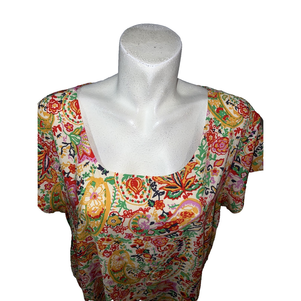 CYNTHIA ROWLEY Top Plus Size 2X Colorful Hi Lo SS Blouse Lightweight Boho Artsy - Picture 2 of 7